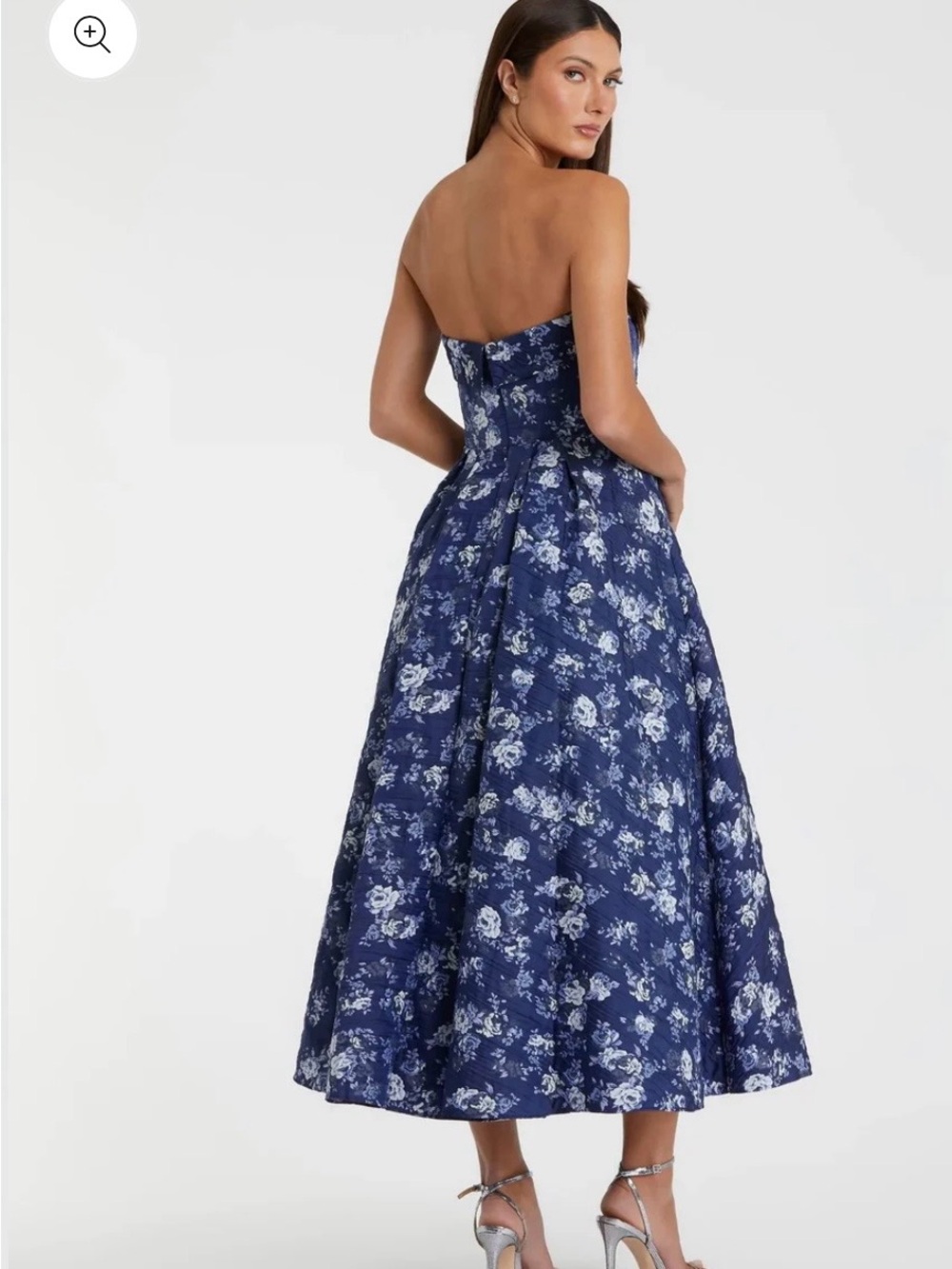 Mac Duggal Navy Blue and White Strapless Floral Midi Dress - Picture 2 of 6